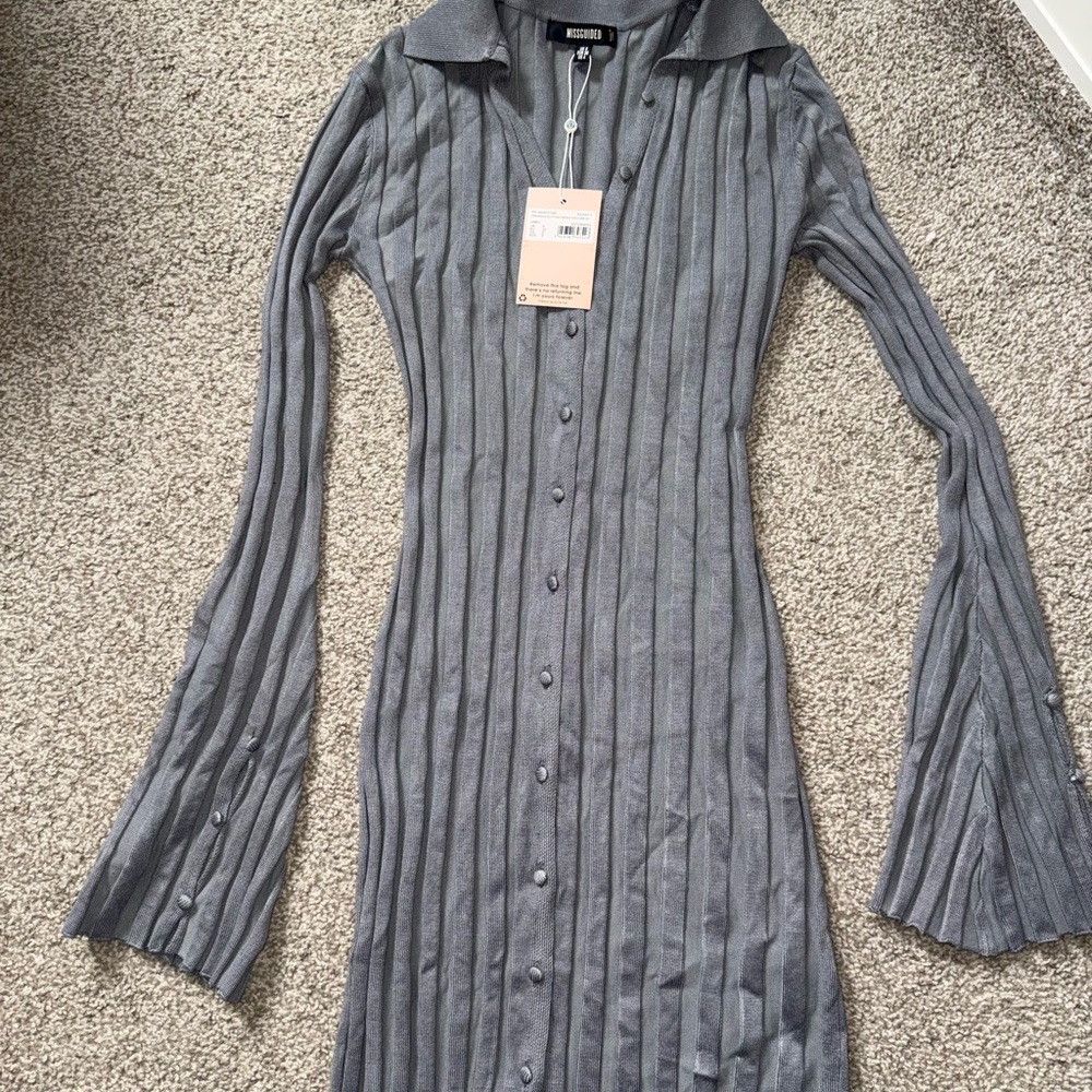Missguided Gray Ribbed Button-Front Long Sleeve Dress